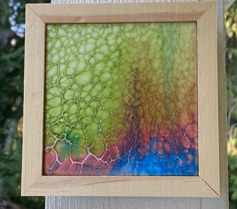 SUNSET FOREST • 5x5 inch framed original art • Acrylic Pouring • Resin Coated • FOR SALE