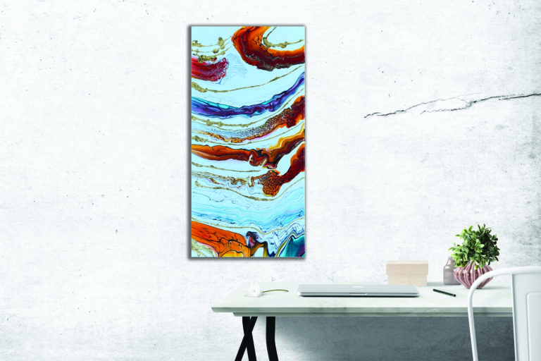 Abstract Sunset Pour • Embellished with Gold Leaf • coated with spray varnish • approx 12x24 • 1.75 inch deep canvas • For sale