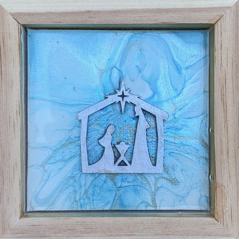 Nativity Acrylic Pour • 5x5 Inches • Framed • Resin Coated • FOR SALE
