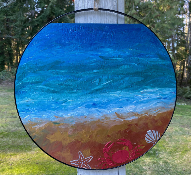 Round Beach Scene • Acrylic Painting, with raised beach critters • framed with a metal ring • NOT FOR SALE