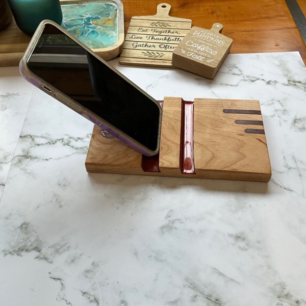 Wood cell phone stand desktop red resin Side view