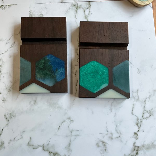 Wood cell phone stand desktop r blue green resin black walnut top view