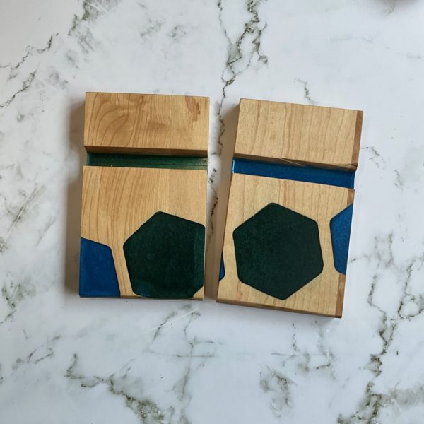 Wood cell phone stand desktop r blue green resin light oak top view