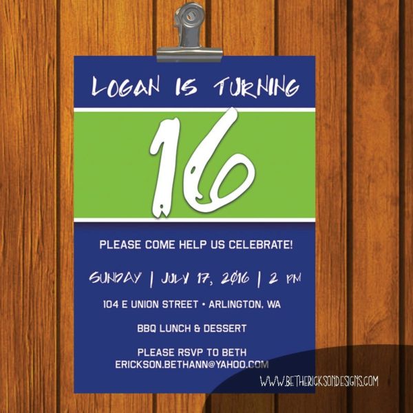 Blue and Green sixteenth birthday invitation