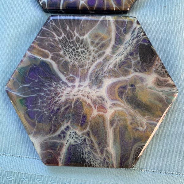 Pour Painted, Resin Coated Hexagon Coasters closeup
