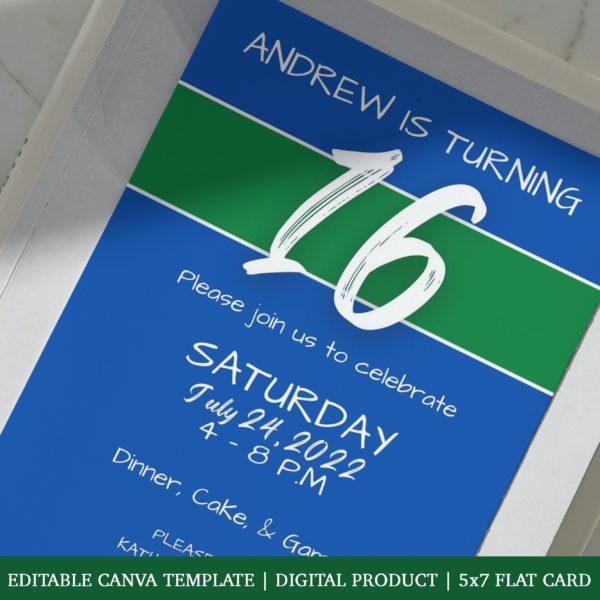 Blue and Green sixteenth birthday invitation canva template editable closeup a