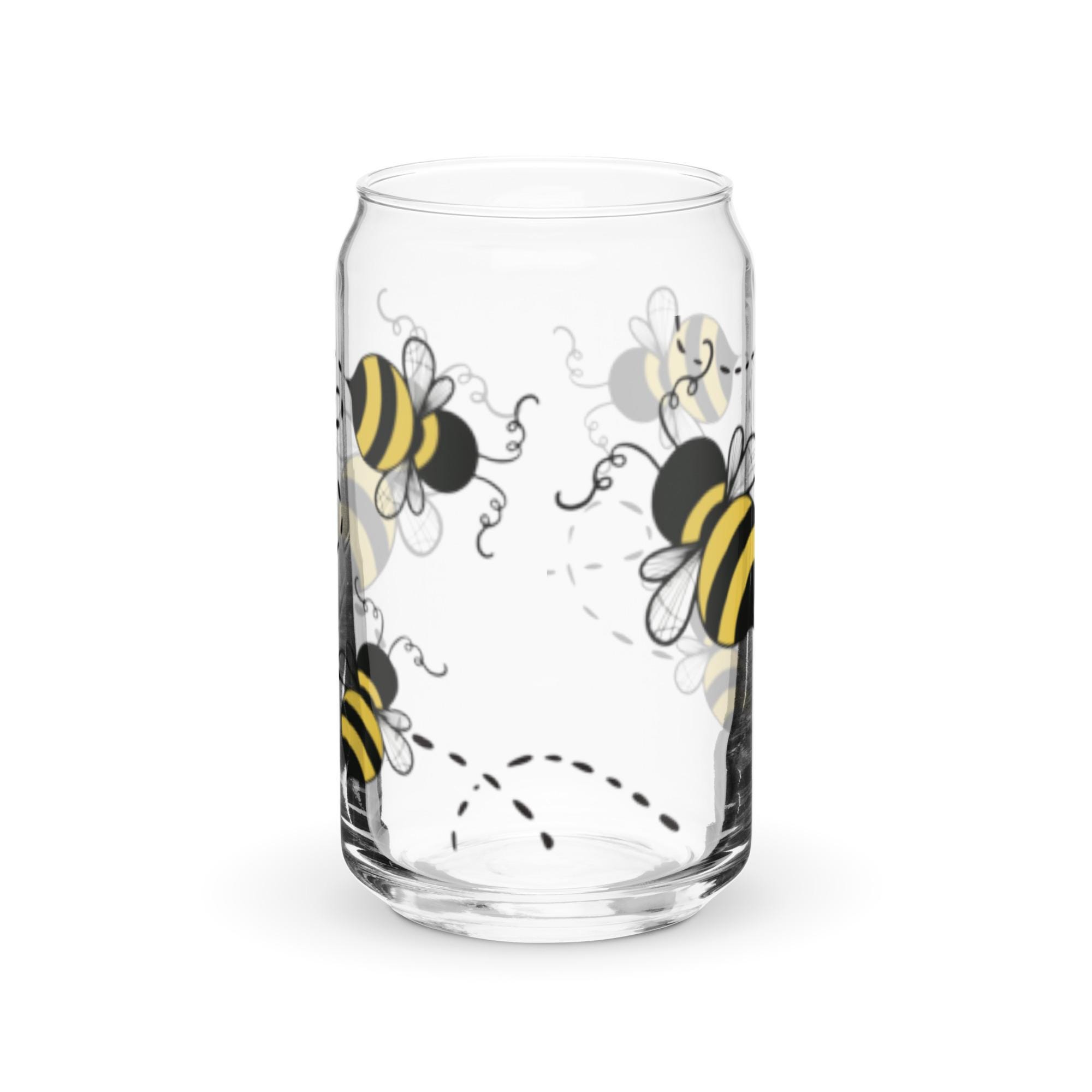 bumble bee gift for her, bumble bee glasses, glass can shapped cups, can shaped glass, bumble bee tumbler - handmade by Beth Ann Erickson Designs