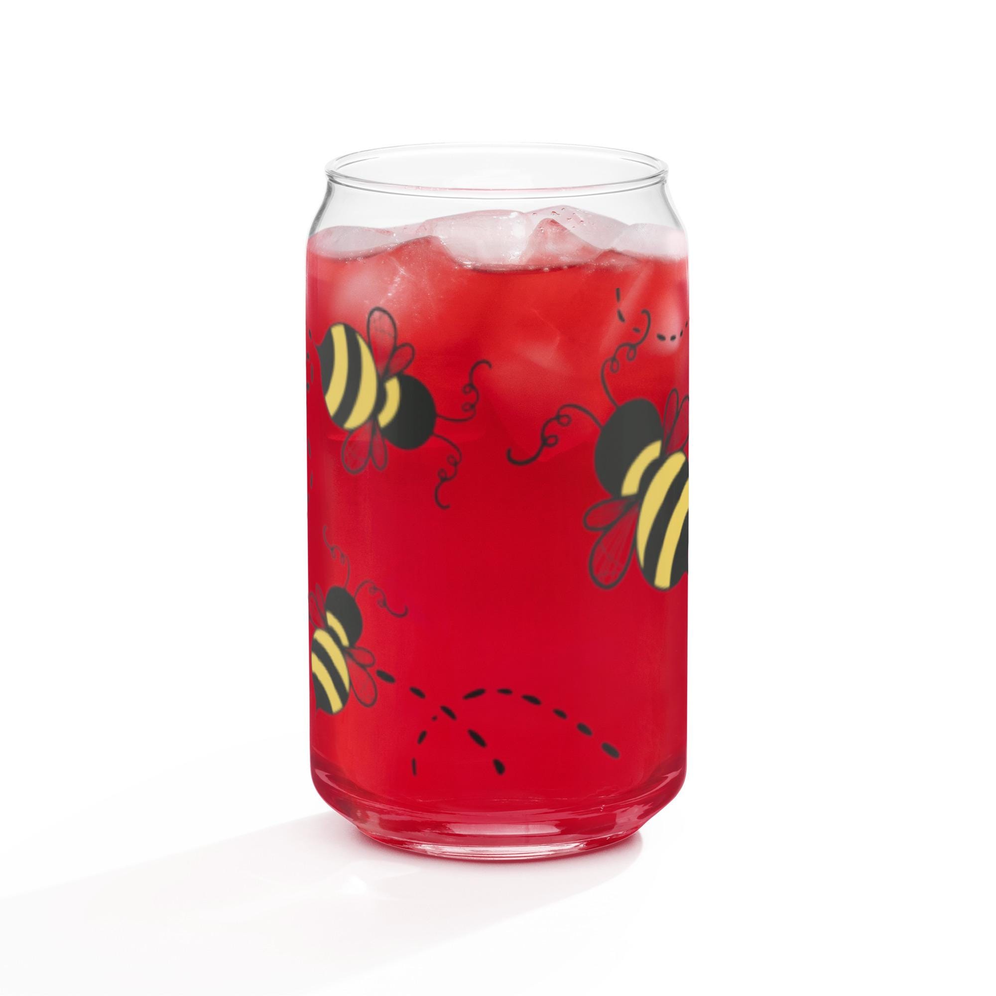 bumble bee gift for her, bumble bee glasses, glass can shapped cups, can shaped glass, bumble bee tumbler - handmade by Beth Ann Erickson Designs
