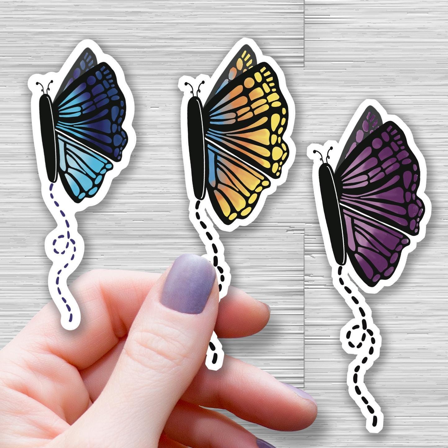 butterfly stickers for waterbottle, mini sticker pack, nature sticker, cute sticker, yellow butterfly, blue butterfly, purple butterfly - handmade by Beth Ann Erickson Designs