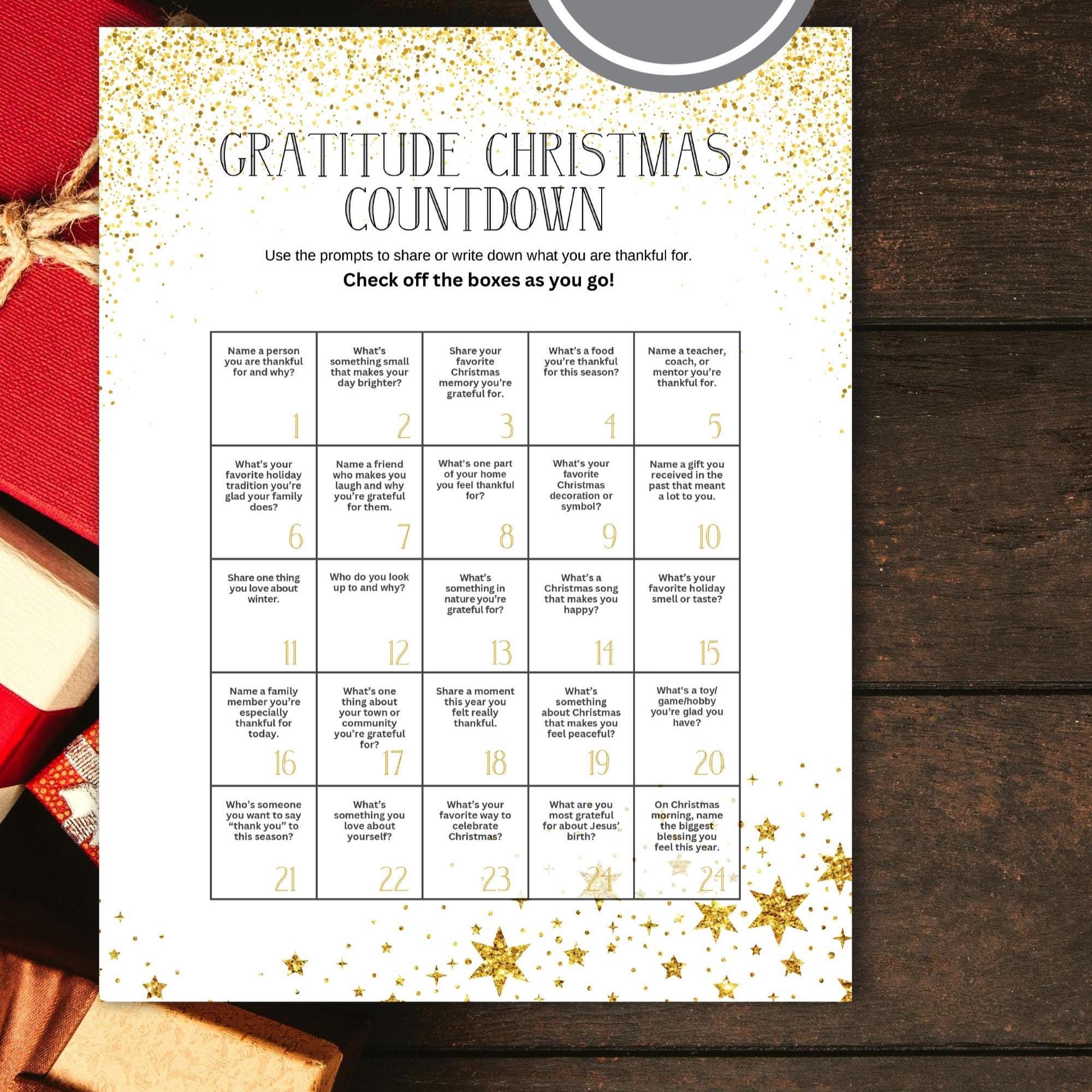 christmas countdown calendar, countdown to christmas printable, christmas activity sheets, gratitude countdown to christmas - handmade by Beth Ann Erickson Designs