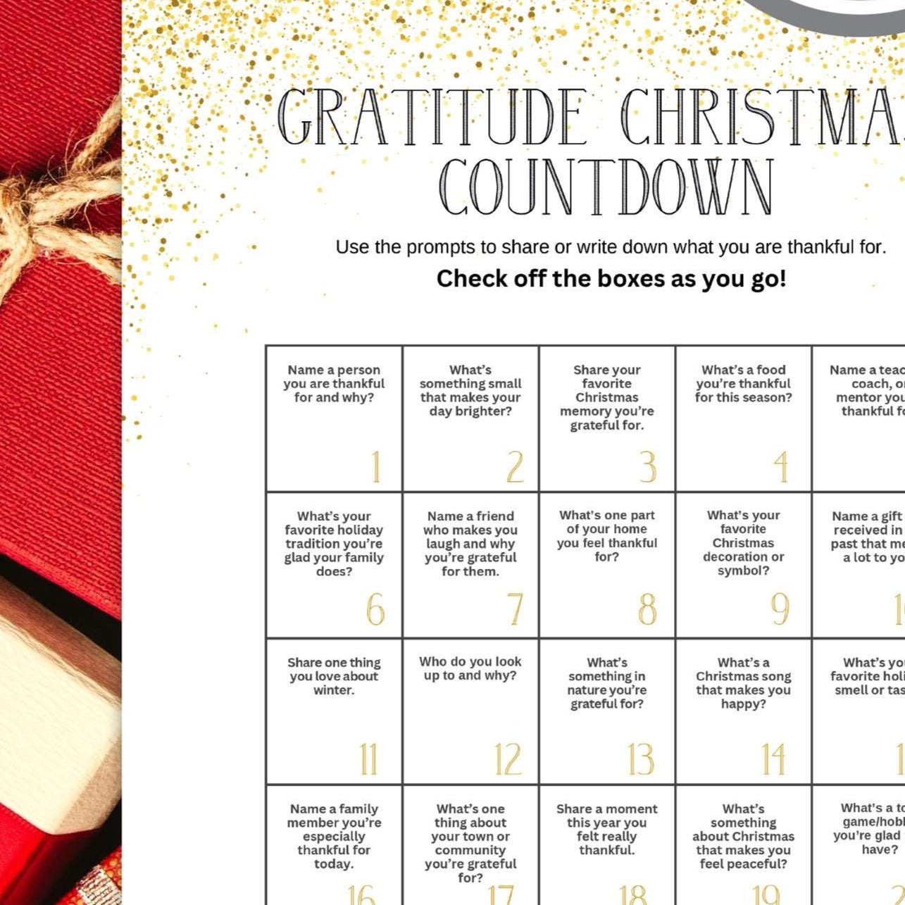 christmas countdown calendar, countdown to christmas printable, christmas activity sheets, gratitude countdown to christmas - handmade by Beth Ann Erickson Designs