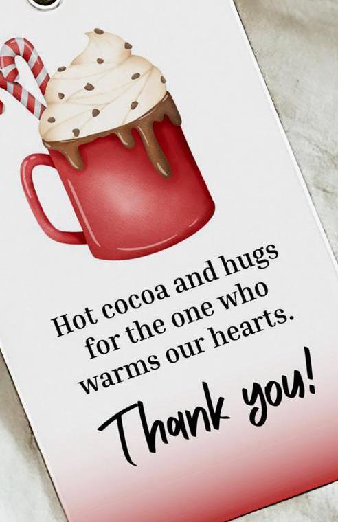 christmas thank you tag, hot cocoa thank you, staff thank you, teacher thank you tag, volunteer thank you tag, gift tag printable - handmade by Beth Ann Erickson Designs