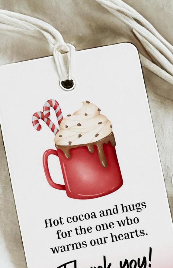 christmas thank you tag, hot cocoa thank you, staff thank you, teacher thank you tag, volunteer thank you tag, gift tag printable - handmade by Beth Ann Erickson Designs