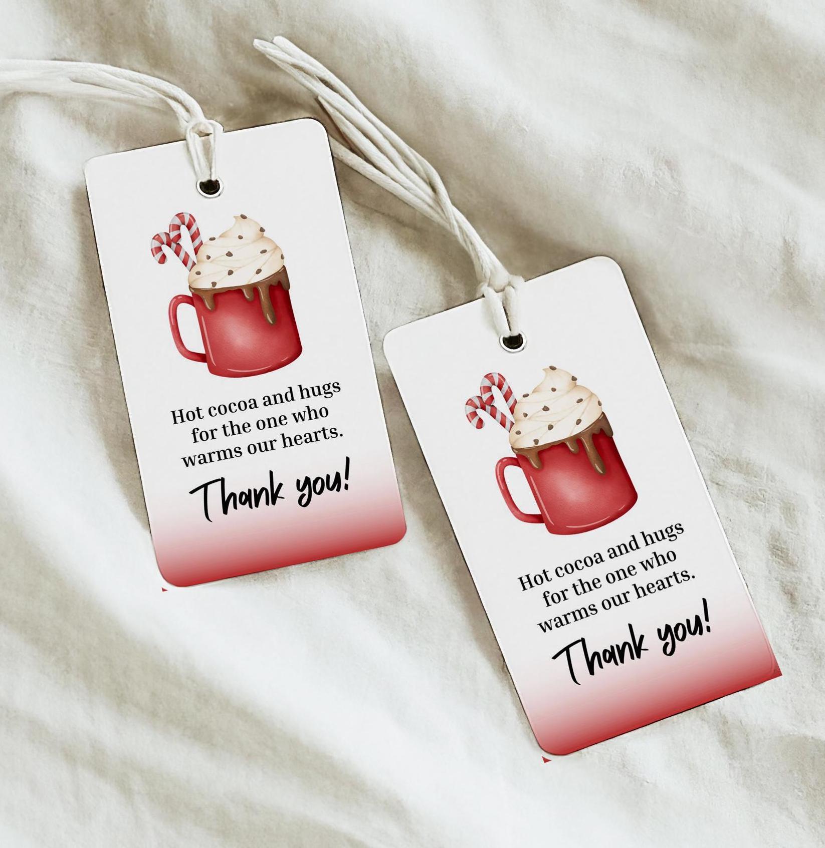 christmas thank you tag, hot cocoa thank you, staff thank you, teacher thank you tag, volunteer thank you tag, gift tag printable - handmade by Beth Ann Erickson Designs