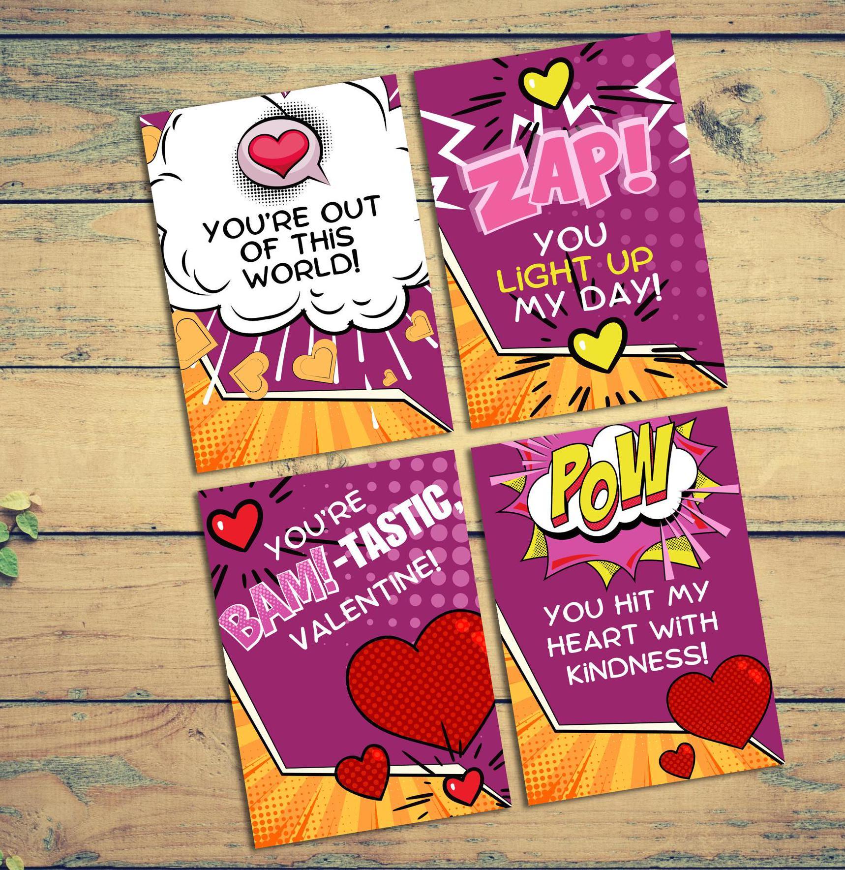 comic book valentines day design, kids valentines cards digital, valentines day cards digital download, school valentines - handmade by Beth Ann Erickson Designs
