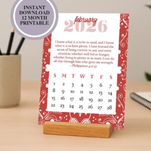 digital download calendar, monthly calendar, scripture calendar, printable 2026 desktop calendar, mini calendar, 5x7 calendar download, - handmade by Beth Ann Erickson Designs