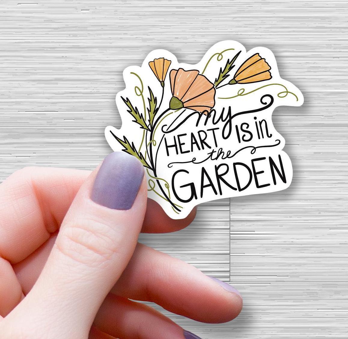garden lover gift, gardening stickers, garden sticker, my heart is in the garden, gardening sticker pack, waterproof water bottle stickers - handmade by Beth Ann Erickson Designs