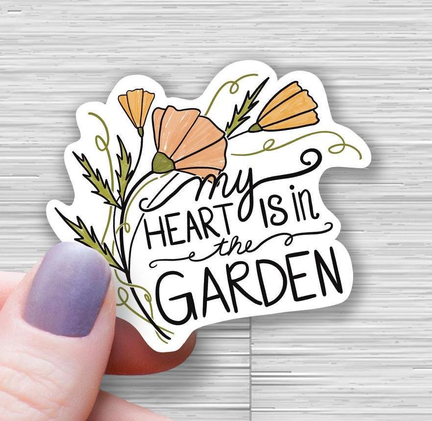 garden lover gift, gardening stickers, garden sticker, my heart is in the garden, gardening sticker pack, waterproof water bottle stickers - handmade by Beth Ann Erickson Designs