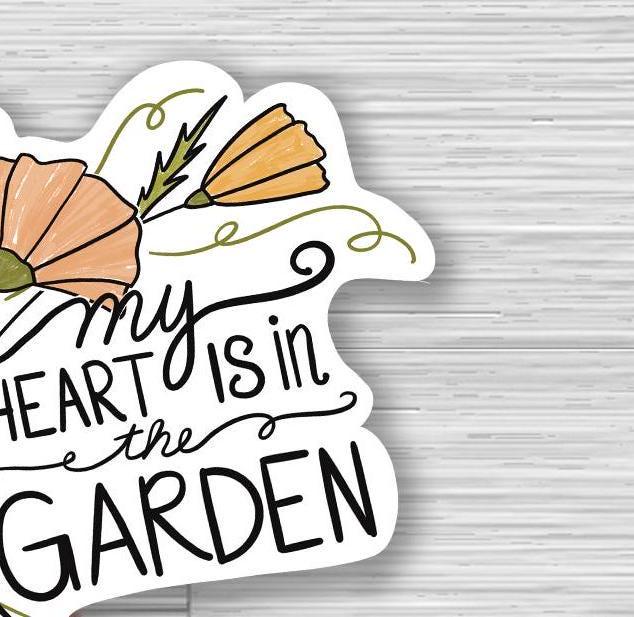 garden lover gift, gardening stickers, garden sticker, my heart is in the garden, gardening sticker pack, waterproof water bottle stickers - handmade by Beth Ann Erickson Designs