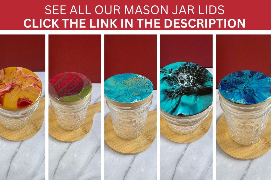 mason jar bamboo lid, resin jar lid, acrylic pour jar lids, painted lids, painted mason jar lid, wide mouth mason jar lids - handmade by Beth Ann Erickson Designs