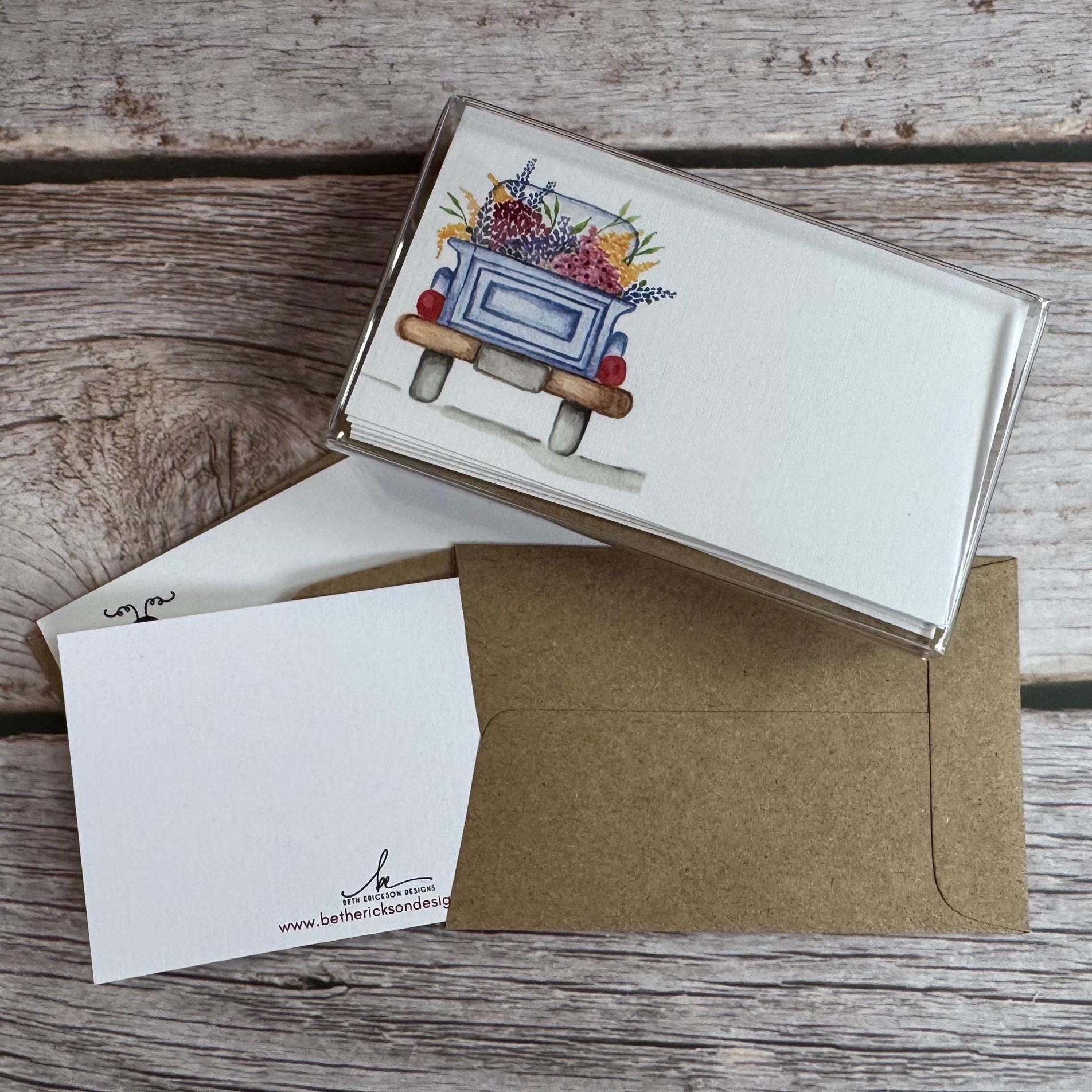 vintage truck notecards, gift enclosure, mini enclosure cards with envelopes, note card and envelope set, mini note card set boxed, set 5 - handmade by Beth Ann Erickson Designs